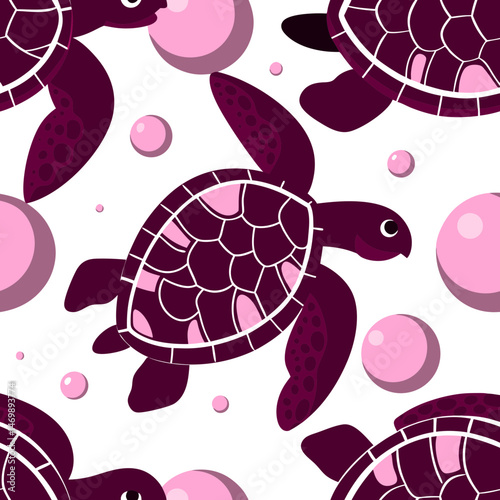 Playful sea turtles swimming amid colorful bubbles underwater world illustration fun vibrant