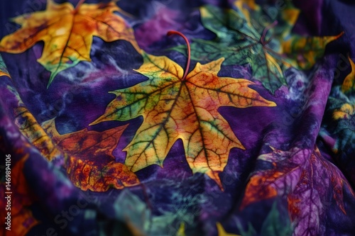 Close up of colorful tie dye fabric showcasing vibrant leaf imprints, blending autumnal hues with a purple backdrop