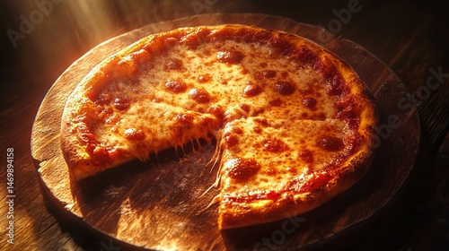 A delectable pizza with a missing slice on a wooden board.