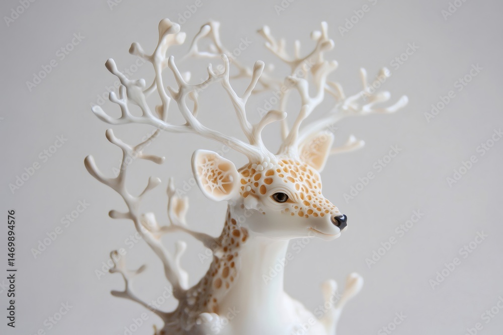 Obraz premium Ceramic cyborg deer figurine featuring intricate branching antlers, blending nature and technology in a whimsical art piece