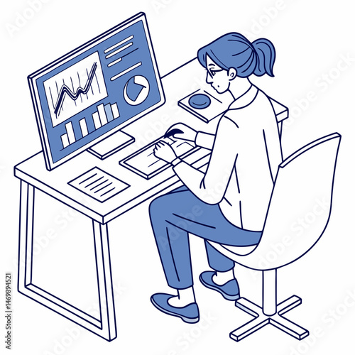 Businesswoman analyzing data on computer screen at her office desk isometric illustration