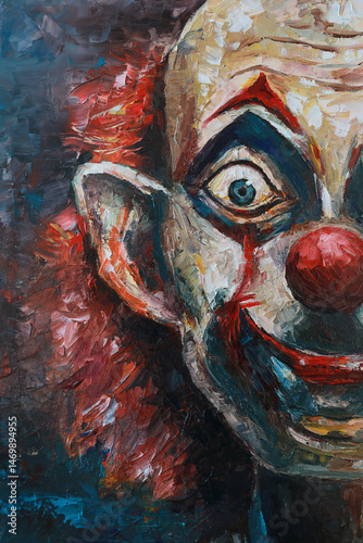 Expressionist Oil Painting of a Creepy Clown with Red Hair and Wide Eyes