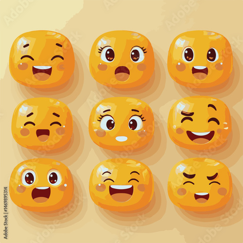 Cartoon Style Set Of Adorable Emoticons With Expressive Facial Expressions