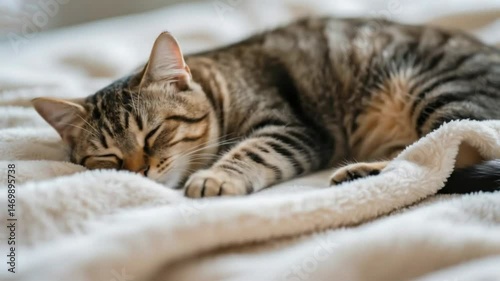 Cute furry domestic cat sleeping on a bed or floor