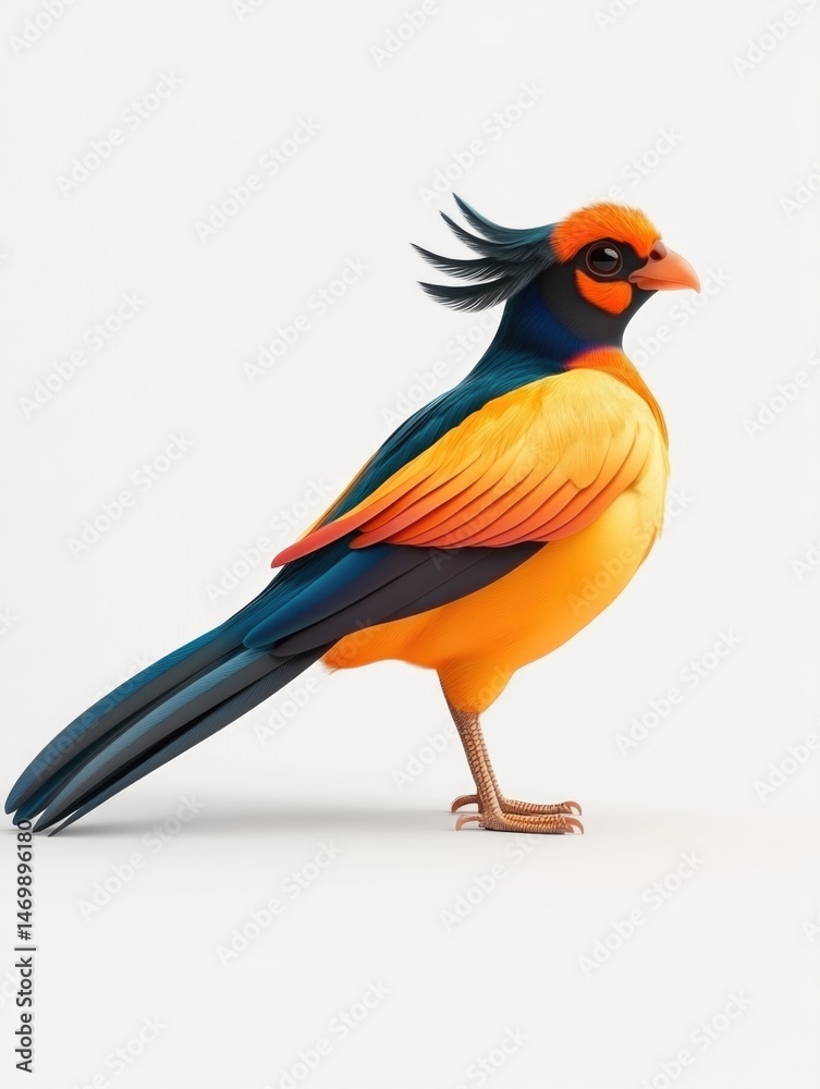 Fototapeta premium 3D cartoon colorful bird character with vibrant plumage and elegant stance on white background