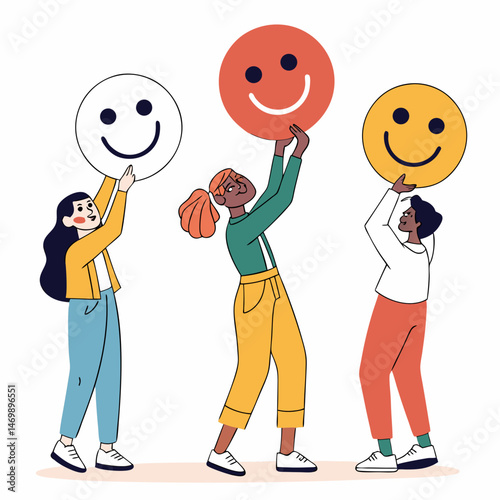People displaying happy smiley faces symbolizing positive emotions and satisfaction