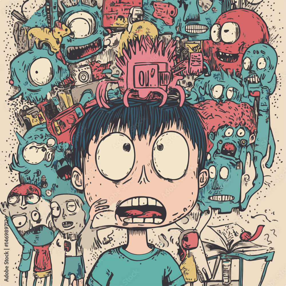 Overwhelmed Cartoon Boy With Crazy Thoughts And Monsters Comic Style Illustration