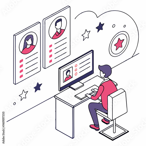 Remote employment employee recruiting online job search and career development illustration