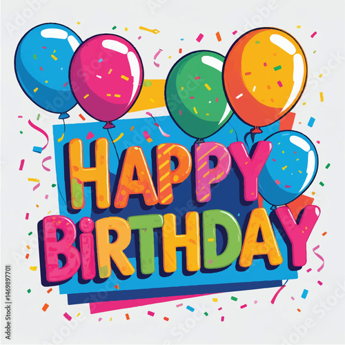 Colorful vector illustration of a happy birthday party celebration card with balloons and confetti