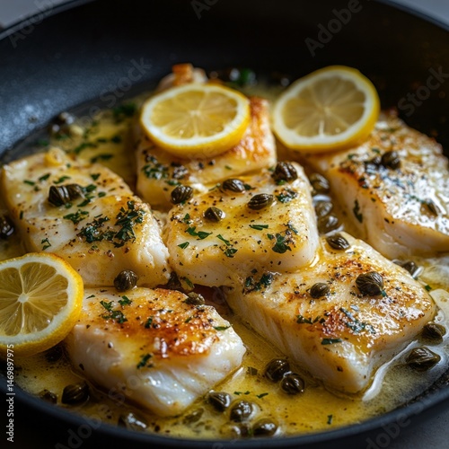 Pan-seared fish fillets with lemon and capers in a savory sauce.