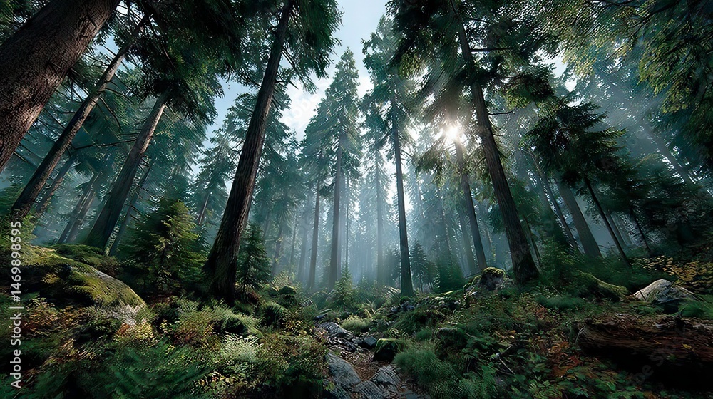 Obraz premium Forest scene sunlight through trees