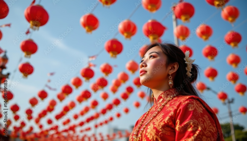 Fototapeta premium Young Woman Wearing Traditional Clothing Surrounded by Bright Red Lanterns in Outdoor Festival