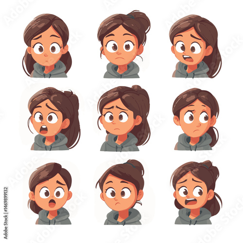 Cartoon Girl Facial Expressions Set Showing Sadness Disappointment And Shock Emotions
