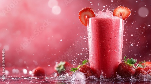 Vibrant strawberry smoothie with splashing water.