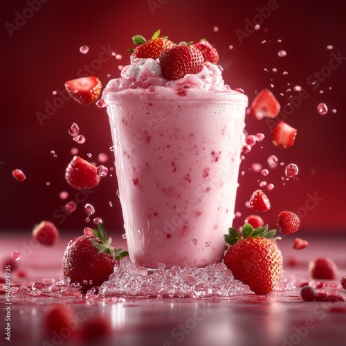 Delicious strawberry milkshake with splashing fruit.