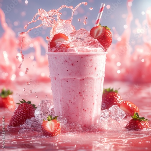 Pink strawberry smoothie drink with splashing liquid.