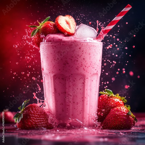 Vibrant strawberry smoothie in a glass with splashing liquid.