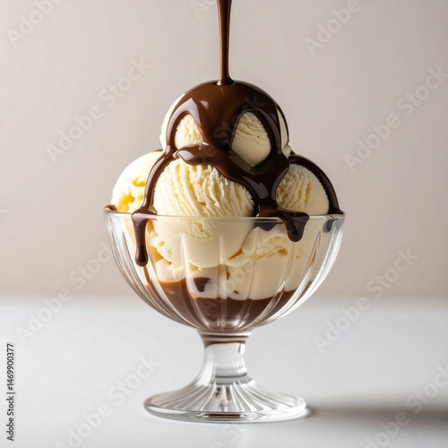 Coupe de glace à la vanille sur laquelle est versé du chocolat fondu. Custom AI Model