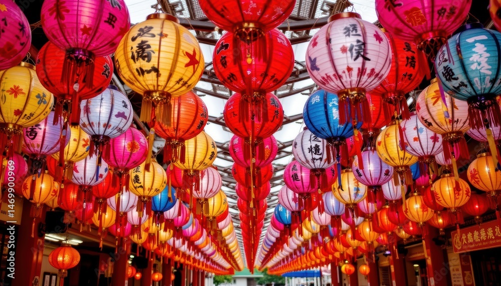 Naklejka premium Colorful Lanterns Illuminating a Festive Street in a Traditional Cultural Celebration
