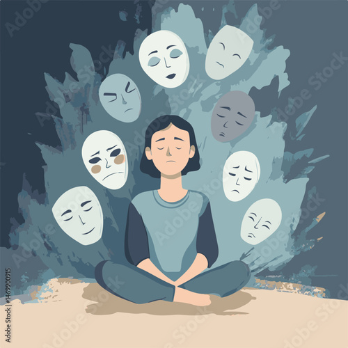 Woman Meditating Surrounded By Masks Representing Different Emotions And Mental Health