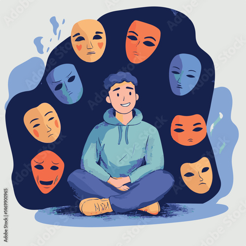 Man Surrounded By Masks Depicting Various Emotions Exploring Mental Health Concept