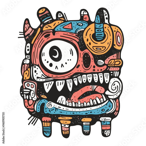 Colorful Abstract Cartoon Monster Illustration With Single Eye And Sharp Teeth Vector Artwork