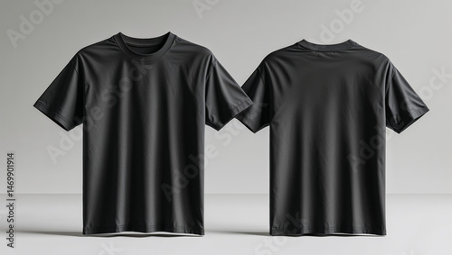 A realistic 3d black blank t-shirt mockup displayed from two angles: front and back view. The t-shirts are on a plain light white background.