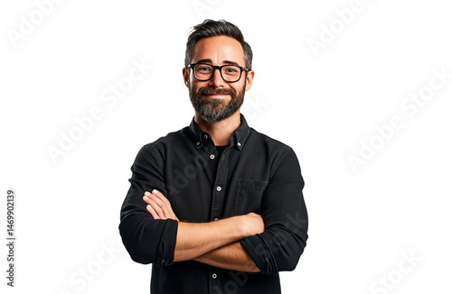 Casual man smiling with arms crossed and wearing glasses, isolated on white background