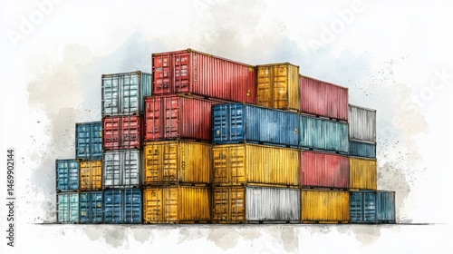 Stacked shipping containers in a colorful illustration.
