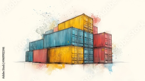 Colorful stacked shipping containers in abstract style.