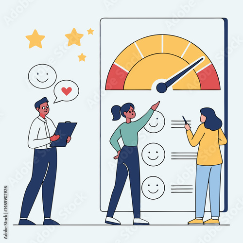 Customer satisfaction survey with team assessing performance results and feedback