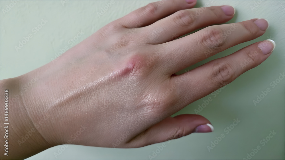 Naklejka premium bee sting on swollen hand. Human hand displaying a slight injury on a plain background 