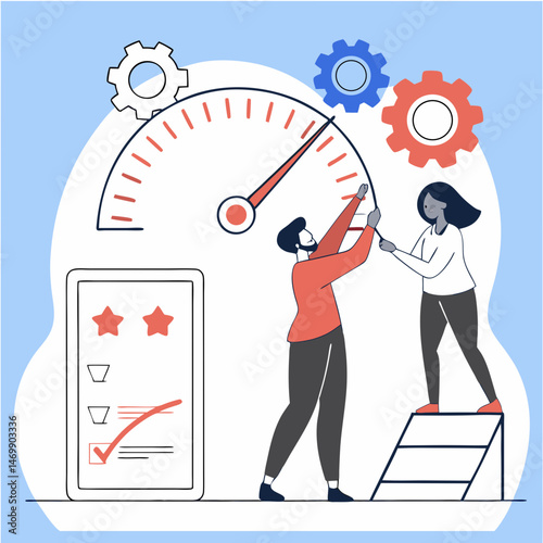 Teamwork measuring progress and achieving goals with technology illustration.