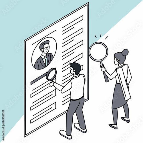 Examining a resume job applicants being reviewed in modern simplified style