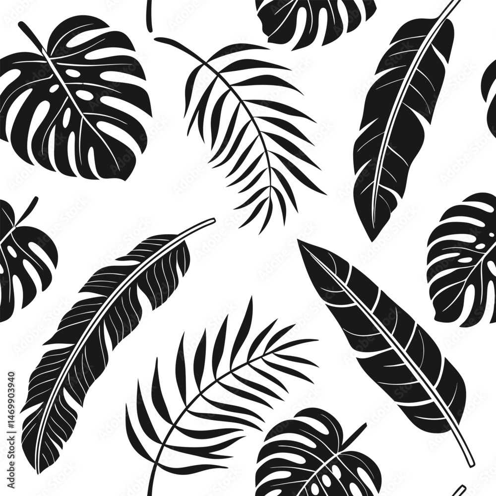 Obraz premium Black and White Tropical Leaf Silhouette Seamless Pattern Vector