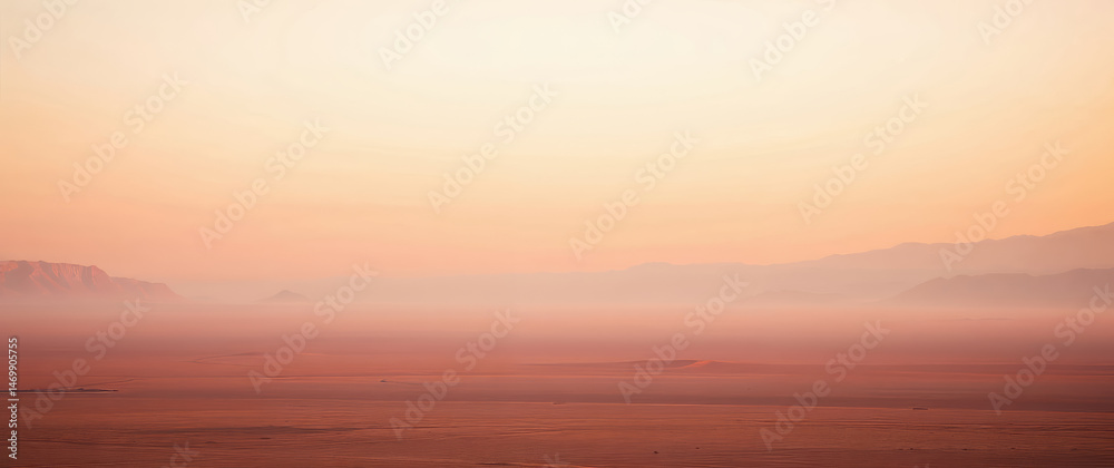 Fototapeta premium Pink sunrise illuminating foggy desert landscape with mountains