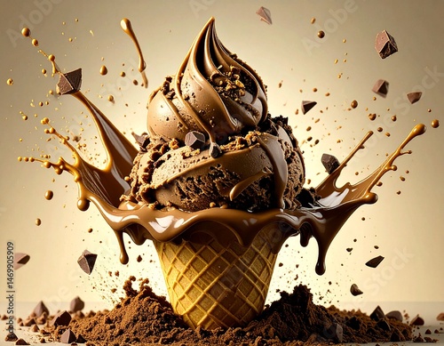 Cornet de glace à l'italienne au chocolat avec éclats de chocolat noir, isolé sur fond neutre. Custom AI Model