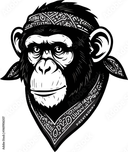 Cool Chimpanzee Bandana Head Illustration Black and White Vector Art