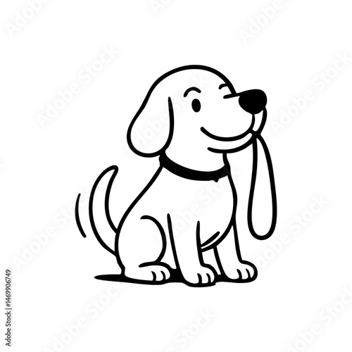 A dog holding its own leash, standing by the door, ready for a walk, face full of hope.