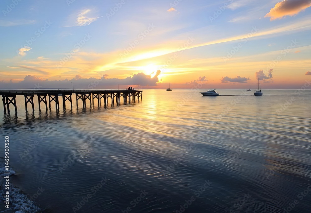 Obraz premium Sunrise over Fort Pierce Inlet, fishing pier, calm ocean, boats, summer, coast