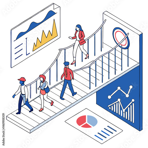 Isometric illustration of business people on a staircase with financial charts