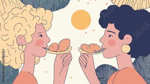 Two Women Enjoying Fried Food Illustration With Abstract Leaves And Circle Backdrop