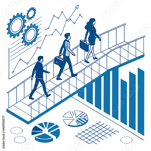 Business team climbing to success on stairs with finance and growth charts