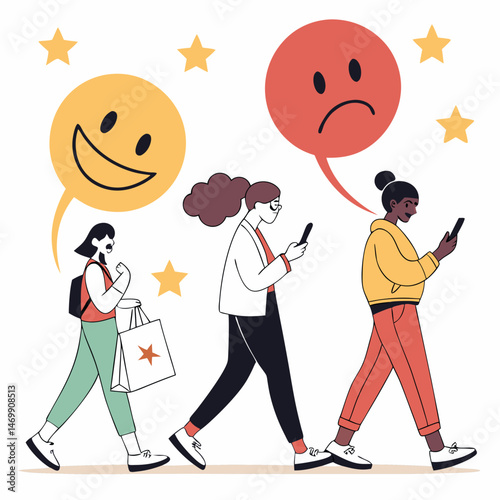 Happy and sad emotions depicted on walking people using smart phones on white background