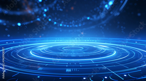 A futuristic blue background with abstract patterns, featuring a podium stage for presentations and events.

