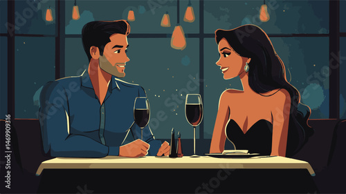 Romantic Evening Illustrated Stylish Couple On A Date Night In Modern Restaurant With Wine