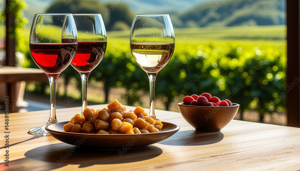 A table with three wine glasses and a plate of food. The wine glasses are filled with red and white wine. Scene is relaxed and inviting, as if someone is about to enjoy a meal with friends or family