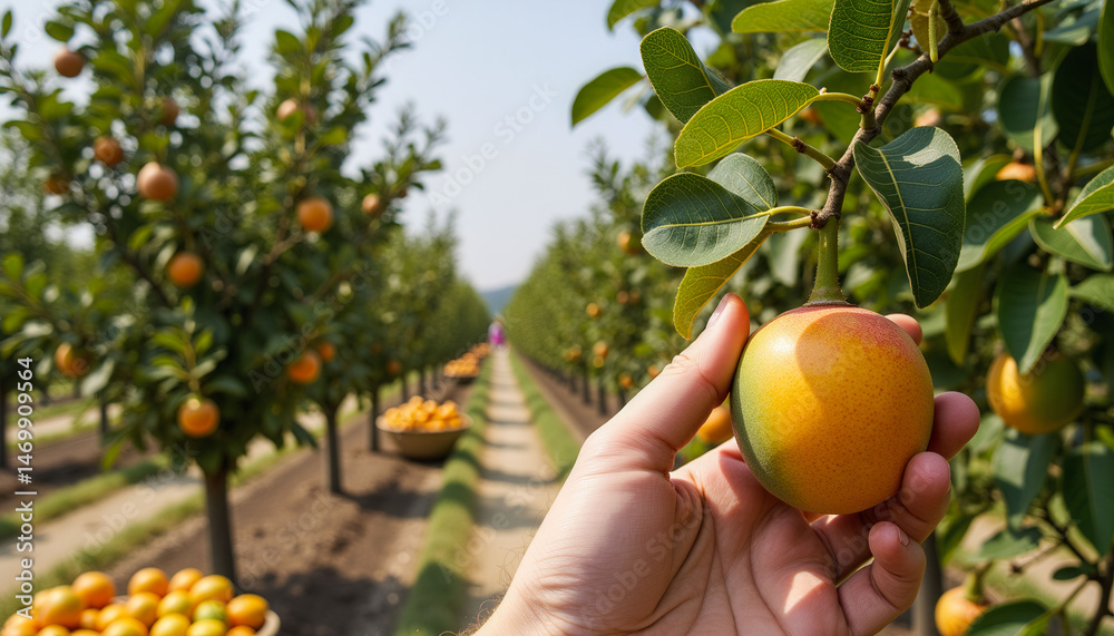 A person is holding an orange in a field of orange trees. The scene is peaceful and serene, with the person surrounded by the abundance of fruit