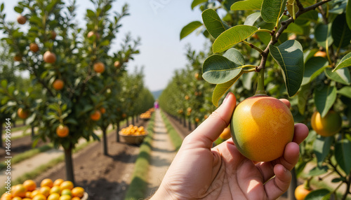 Obraz na płótnie A person is holding an orange in a field of orange trees. The scene is peaceful and serene, with the person surrounded by the abundance of fruit w salonie