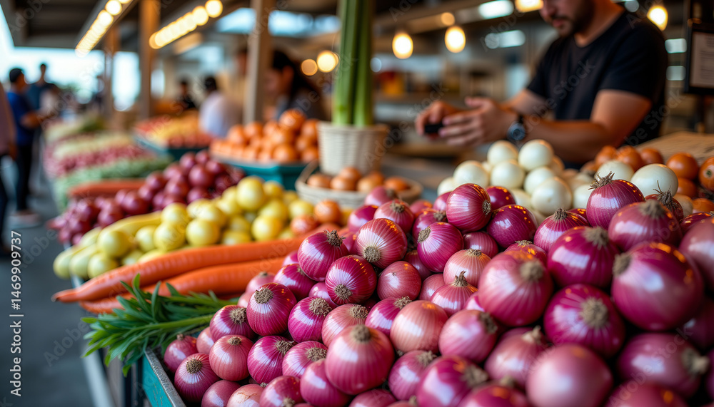A man is taking a picture of a pile of red onions. The onions are piled high and are surrounded by other vegetables